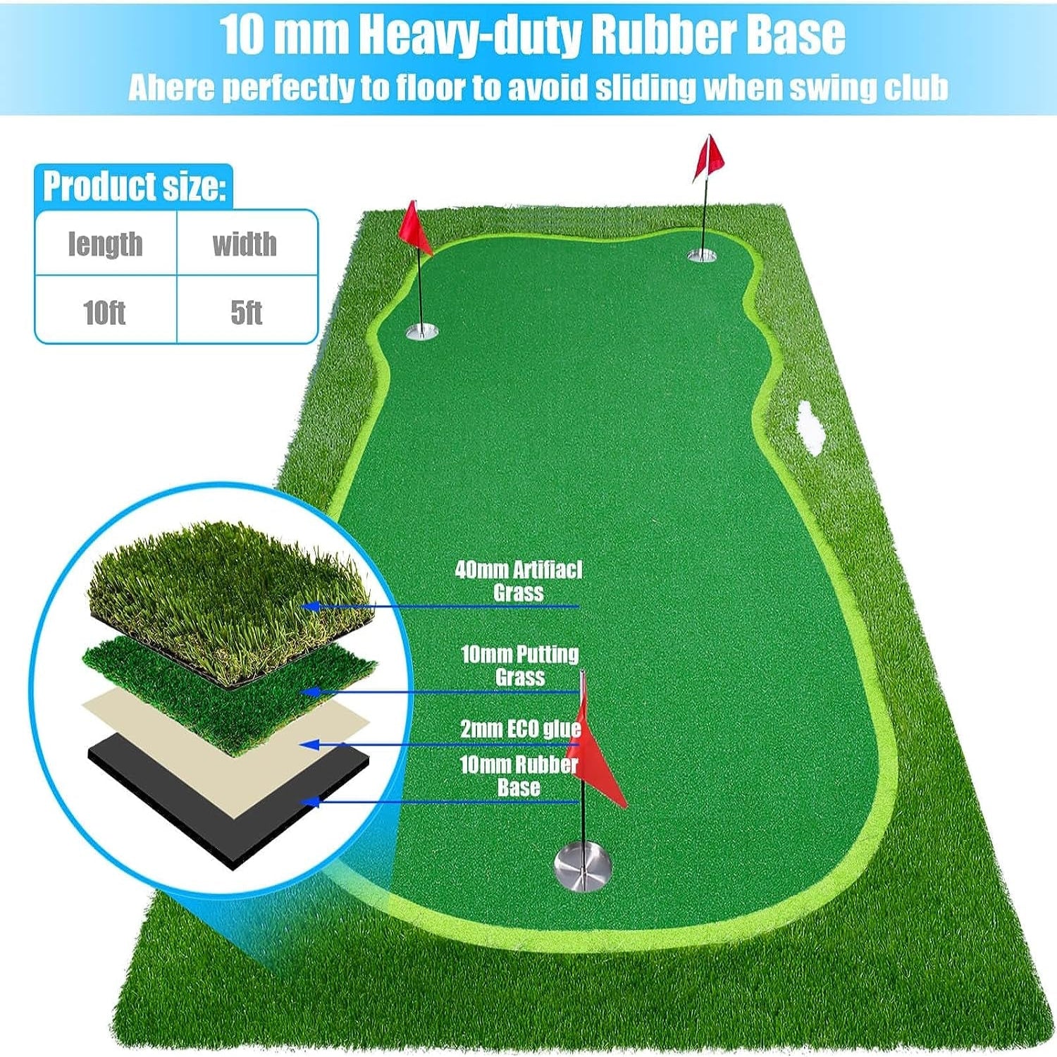 Golf Putting Green/Mat-Golf Training Mat- Professional Golf Practice Mat- Green Long Challenging Putter for Indoor/Outdoor
